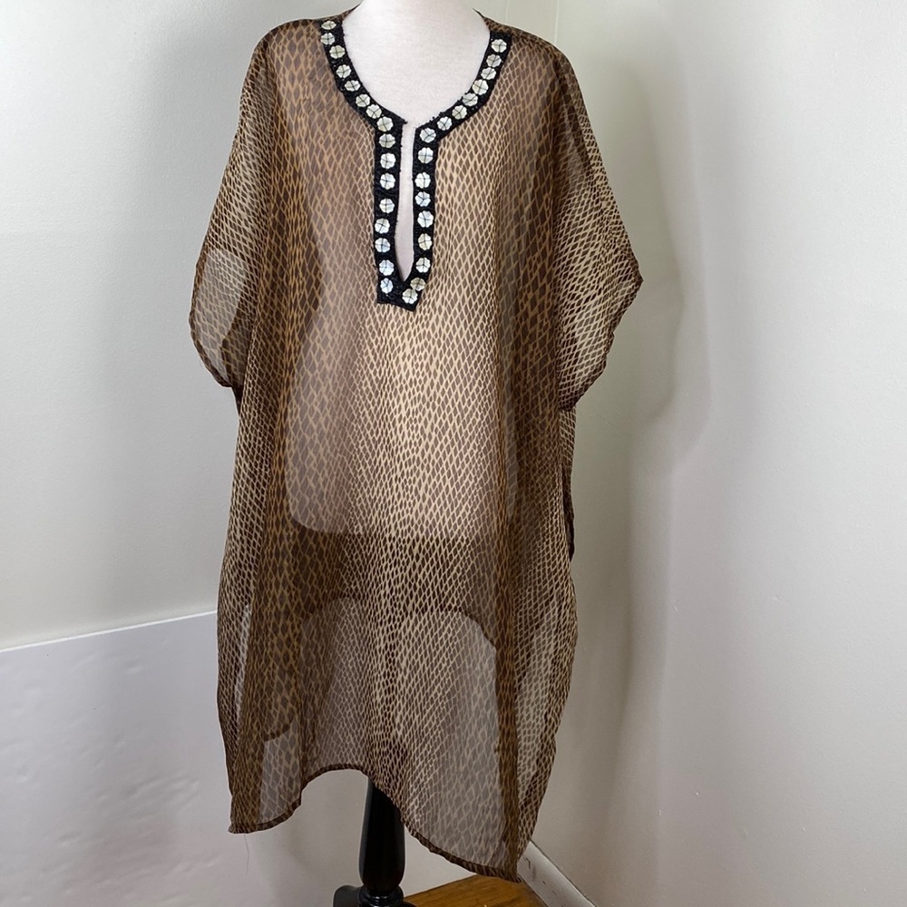 Sheer Shawl Swim Coverup With Beads and Mother of Pearl Embellishments O/S
